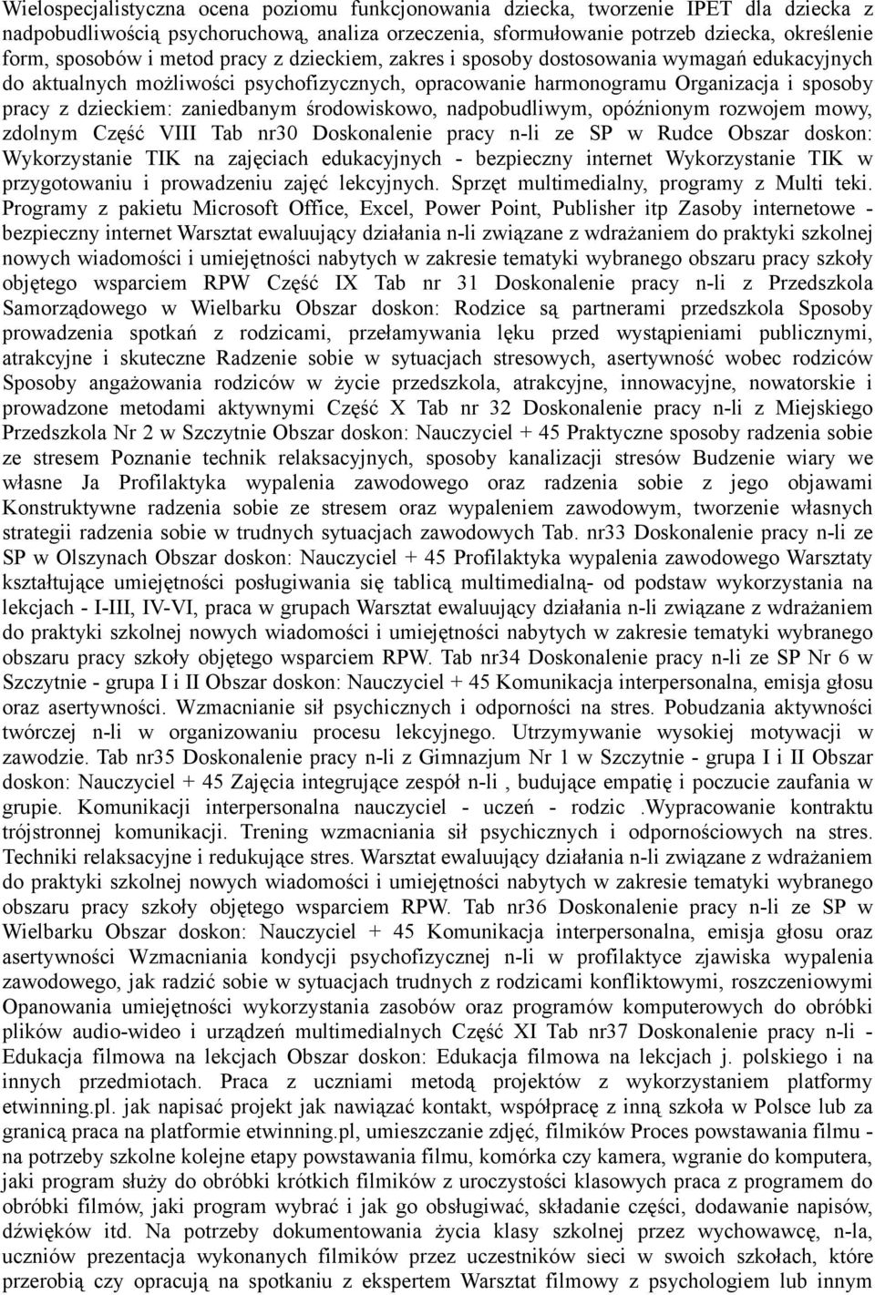 środowiskowo, nadpobudliwym, opóźnionym rozwojem mowy, zdolnym Część VIII Tab nr30 Doskonalenie pracy n-li ze SP w Rudce Obszar doskon: Wykorzystanie TIK na zajęciach edukacyjnych - bezpieczny