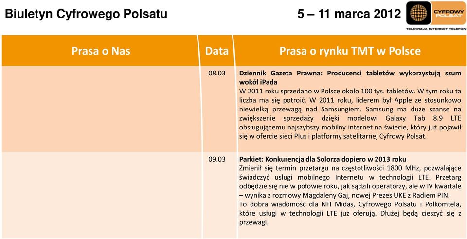 9 LTE obsługującemu najszybszy mobilny internet na świecie, który już pojawił się w ofercie sieci Plus i platformy satelitarnej Cyfrowy Polsat. 09.