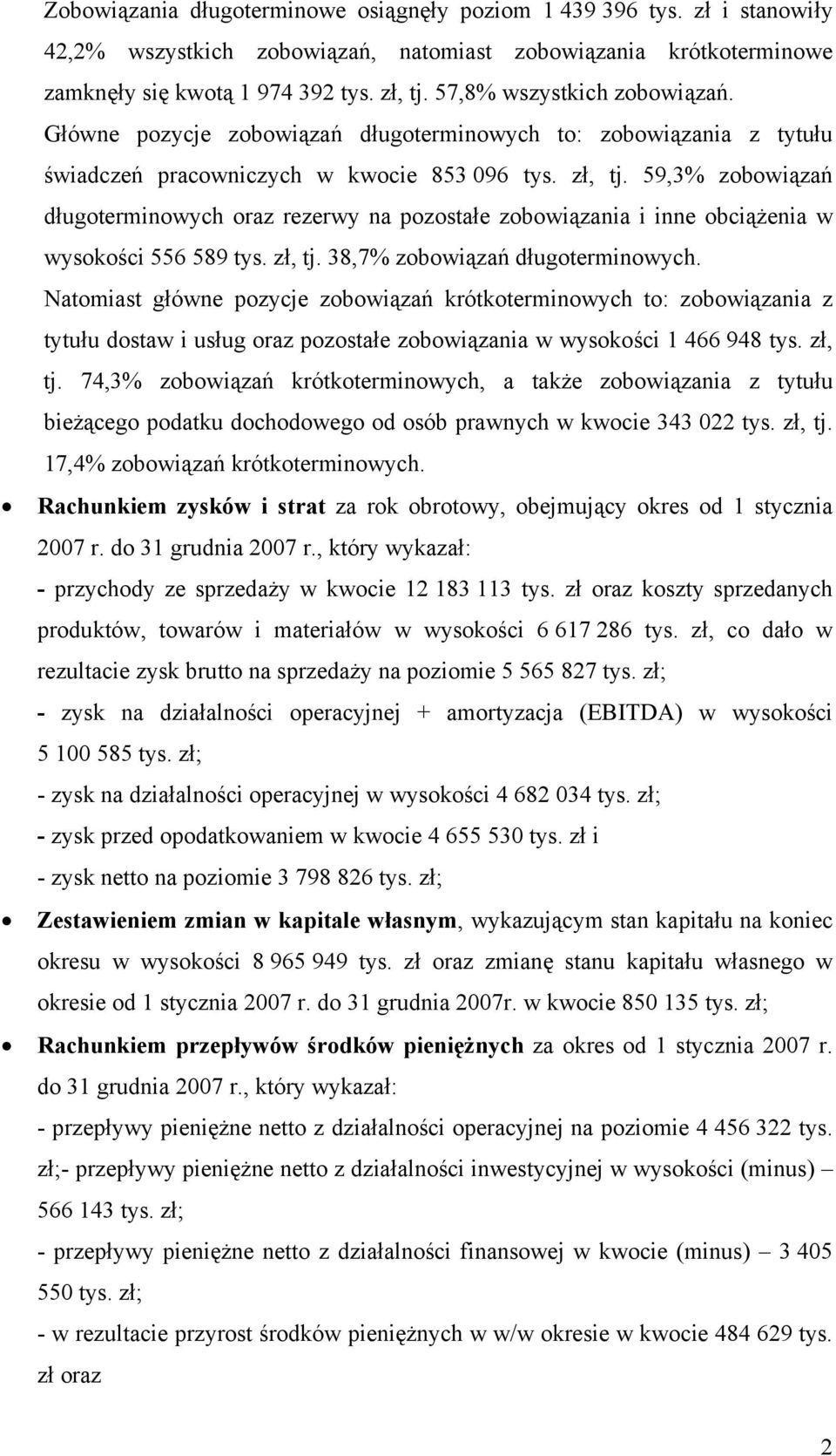 59,3% zobowiązań długoterminowych oraz rezerwy na pozostałe zobowiązania i inne obciążenia w wysokości 556 589 tys. zł, tj. 38,7% zobowiązań długoterminowych.