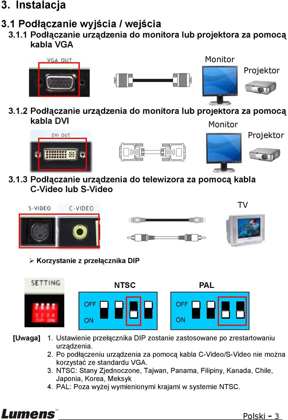 Ustawienie przełącznika DIP zostanie zastosowane po zrestartowaniu urządzenia. 2. Po podłączeniu urządzenia za pomocą kabla C-Video/S-Video nie można korzystać ze standardu VGA. 3.