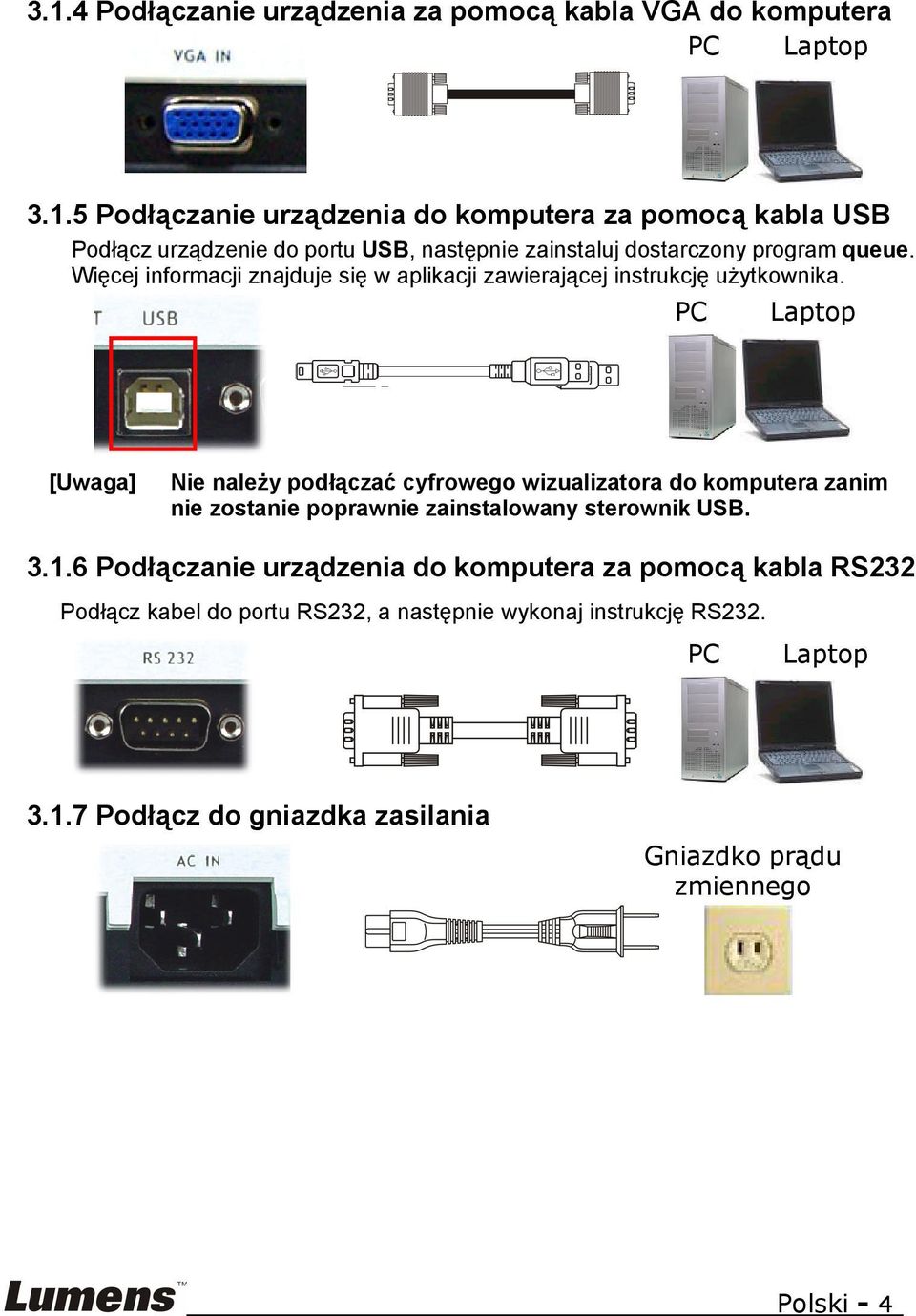 PC Laptop [Uwaga] Nie należy podłączać cyfrowego wizualizatora do komputera zanim nie zostanie poprawnie zainstalowany sterownik USB. 3.1.