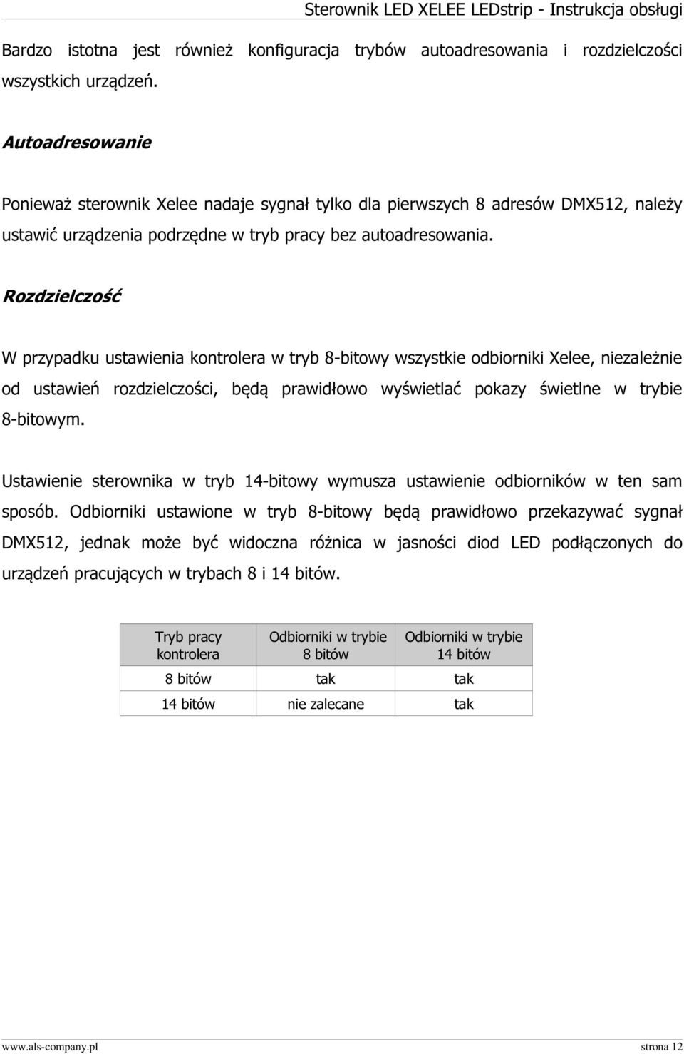 Rozdzielczość W przypadku ustawienia kontrolera w tryb 8-bitowy wszystkie odbiorniki Xelee, niezależnie od ustawień rozdzielczości, będą prawidłowo wyświetlać pokazy świetlne w trybie 8-bitowym.