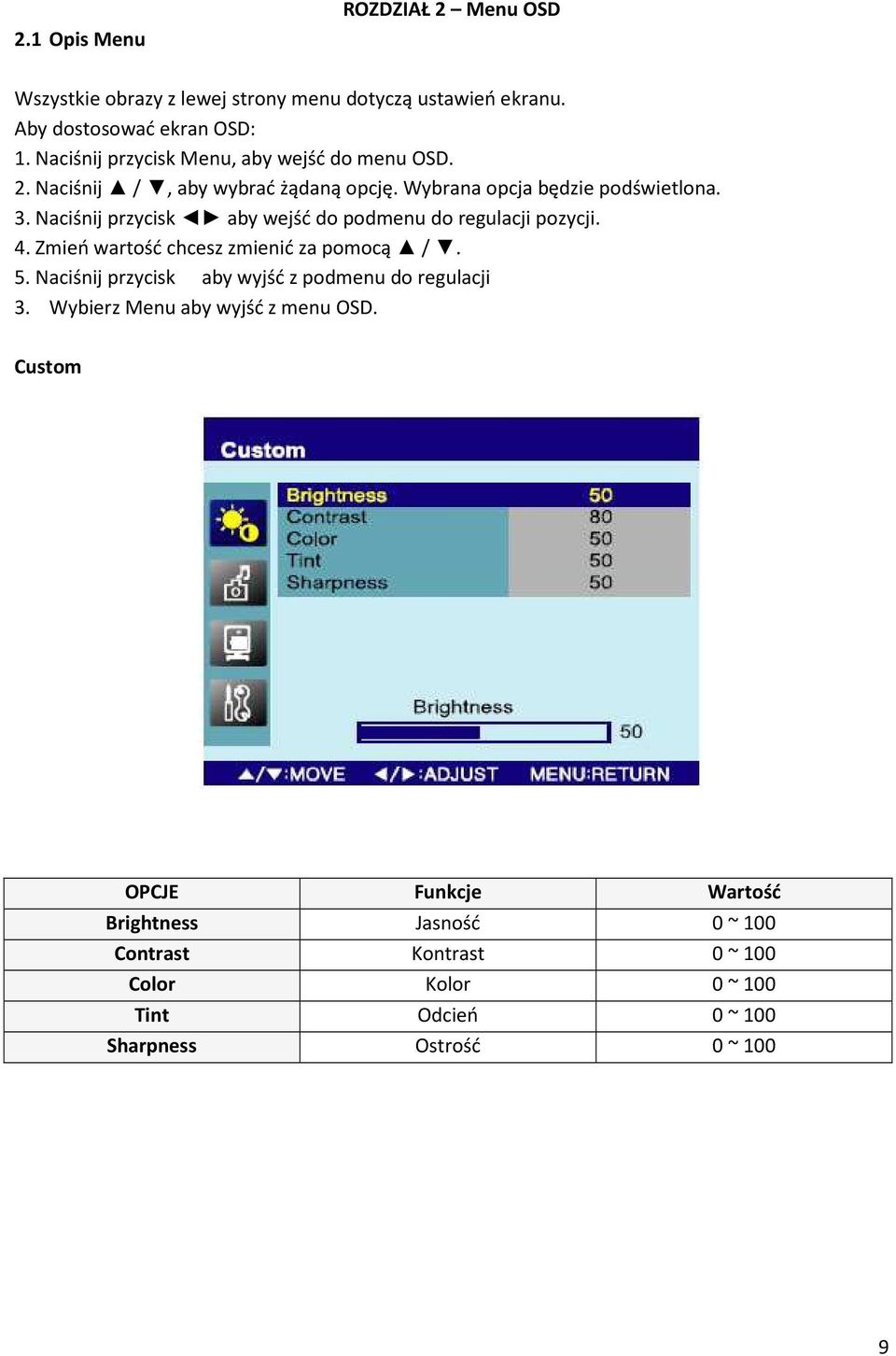 Naciśnij przycisk aby wejść do podmenu do regulacji pozycji. 4. Zmień wartość chcesz zmienić za pomocą /. 5.