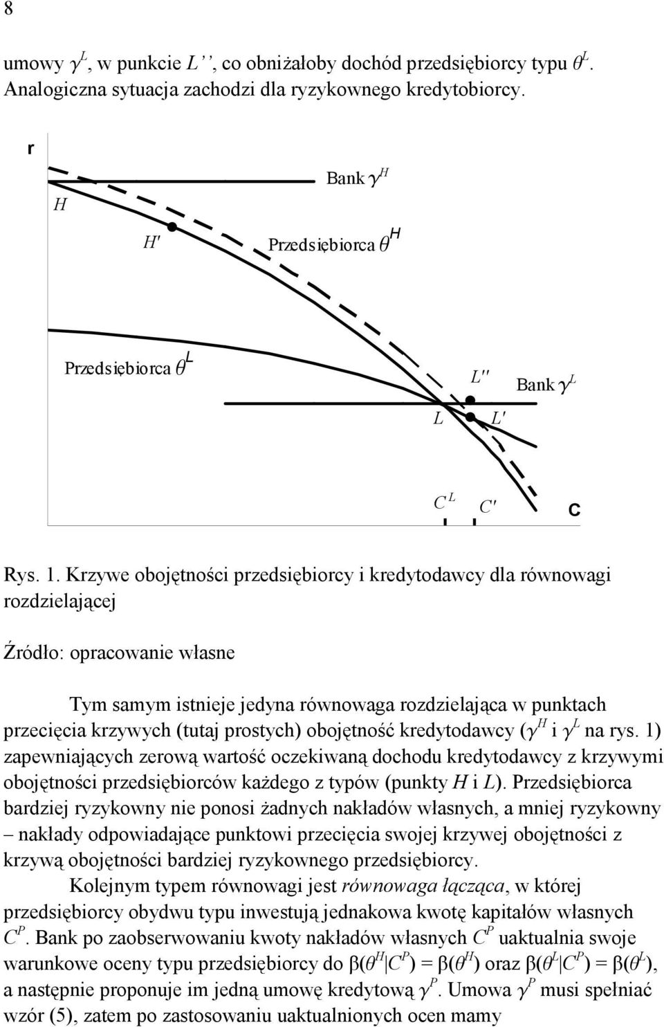 obojętność kredytodawcy (g H g na rys. 1) zapewnających zerową wartość oczekwaną dochodu kredytodawcy z krzywym obojętnośc przedsęborców kaŝdego z typów (punkty H ).