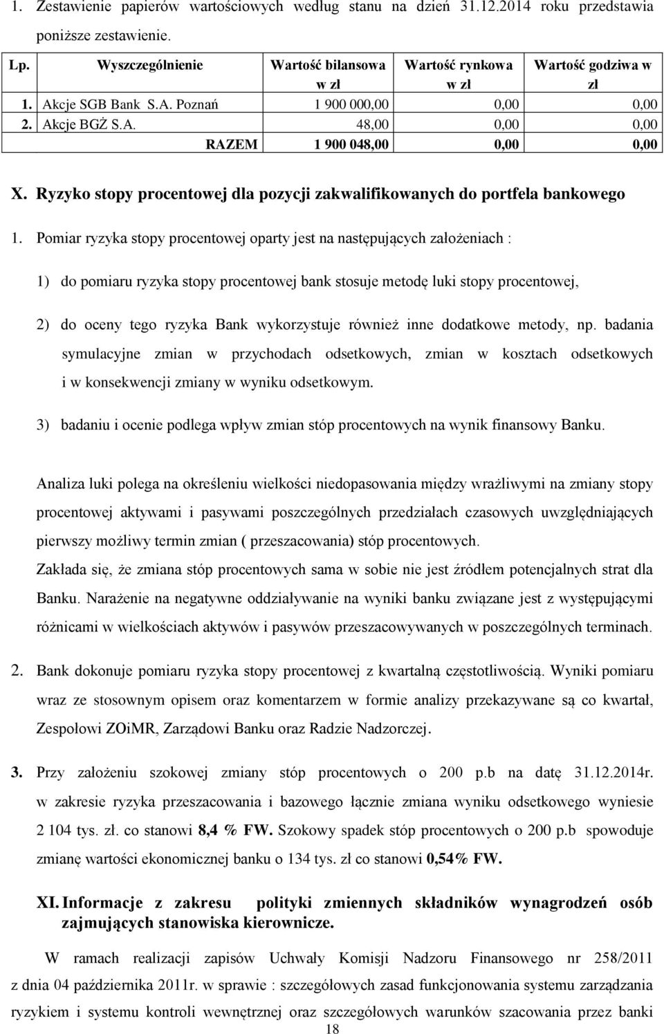 Pomiar ryzyka stopy procentowej oparty jest na następujących założeniach : 1) do pomiaru ryzyka stopy procentowej bank stosuje metodę luki stopy procentowej, 2) do oceny tego ryzyka Bank wykorzystuje