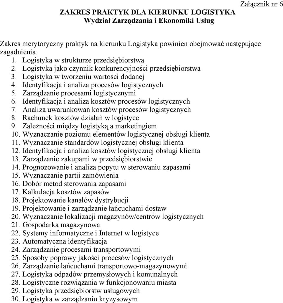 Identyfikacja i analiza kosztów procesów logistycznych 7. Analiza uwarunkowań kosztów procesów logistycznych 8. Rachunek kosztów działań w logistyce 9. Zależności między logistyką a marketingiem 10.