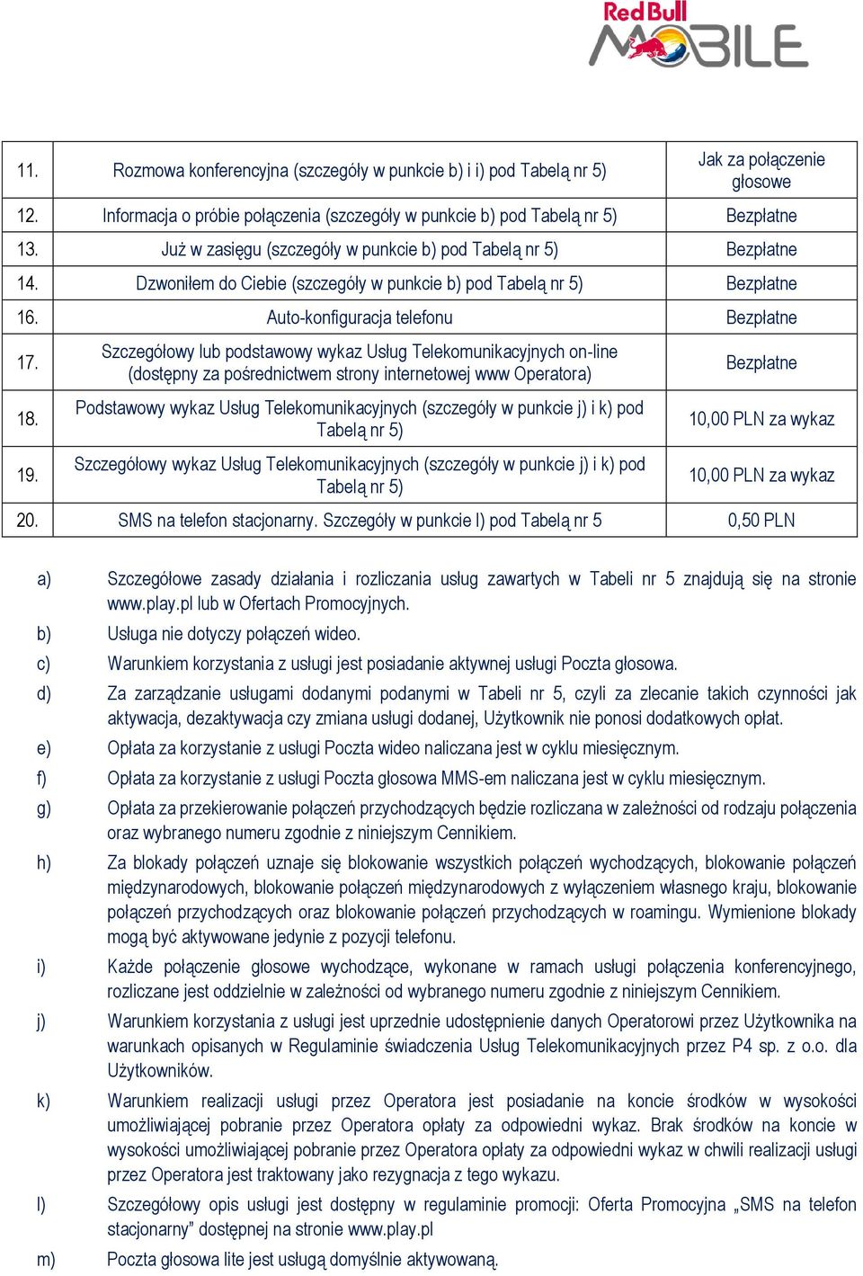 Szczegółowy lub podstawowy wykaz Usług Telekomunikacyjnych on-line (dostępny za pośrednictwem strony internetowej www Operatora) Podstawowy wykaz Usług Telekomunikacyjnych (szczegóły w punkcie j) i