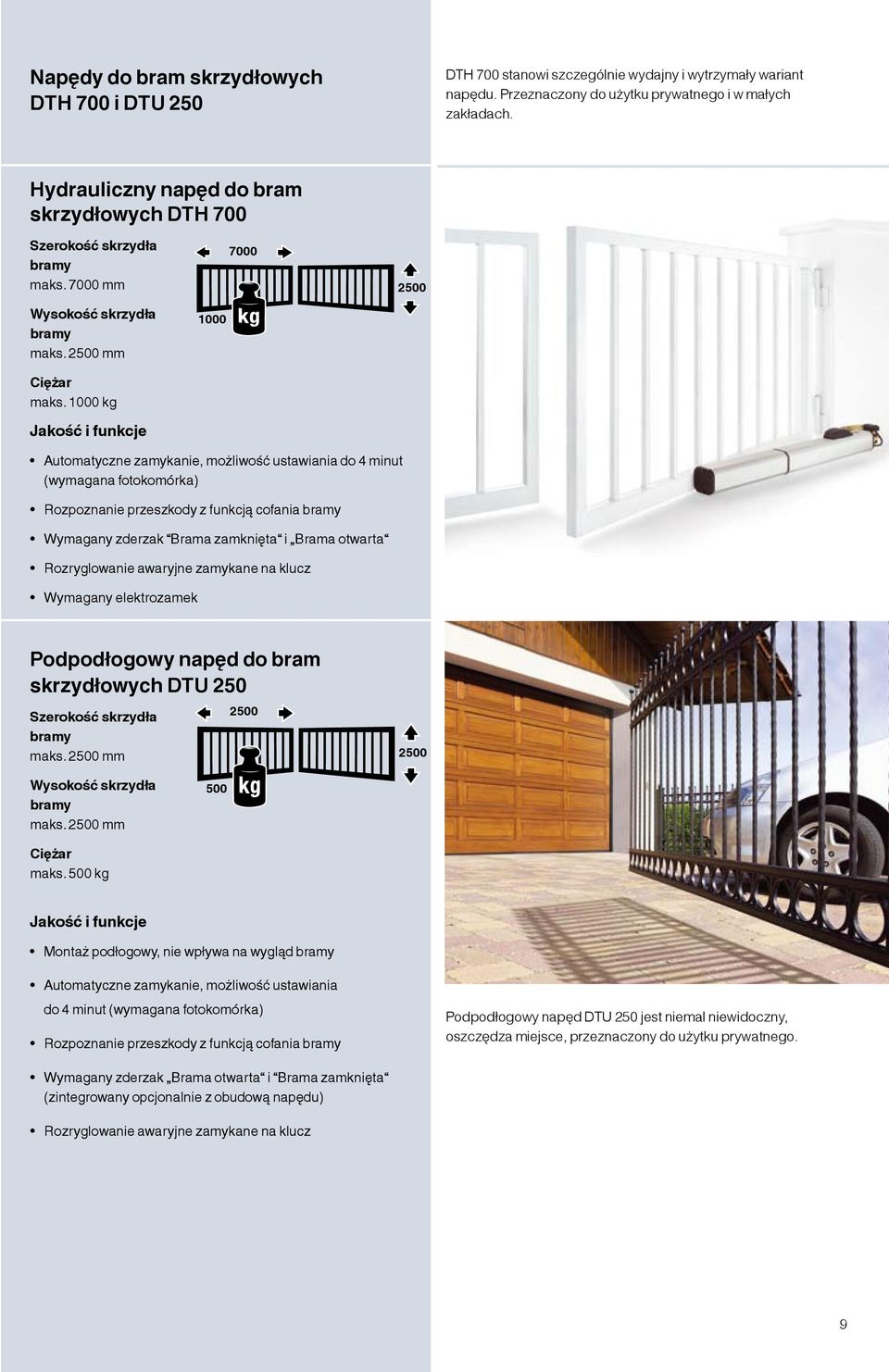 1000 kg Jakość i funkcje 1000 7000 2500 Automatyczne zamykanie, możliwość ustawiania do 4 minut (wymagana fotokomórka) Rozpoznanie przeszkody z funkcją cofania bramy Wymagany zderzak Brama zamknięta