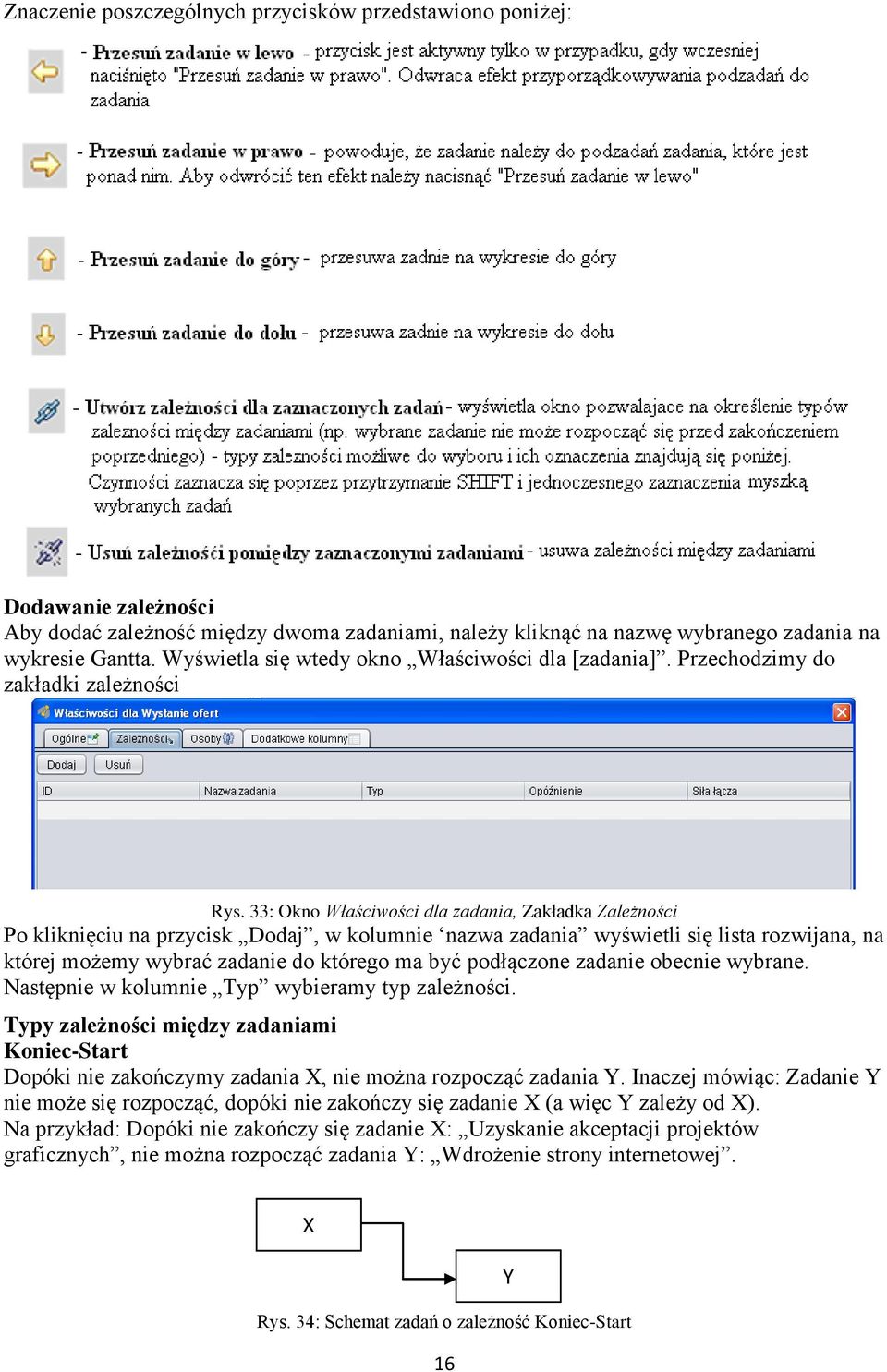 33: Okno Właściwości dla zadania, Zakładka Zależności Po kliknięciu na przycisk Dodaj, w kolumnie nazwa zadania wyświetli się lista rozwijana, na której możemy wybrać zadanie do którego ma być