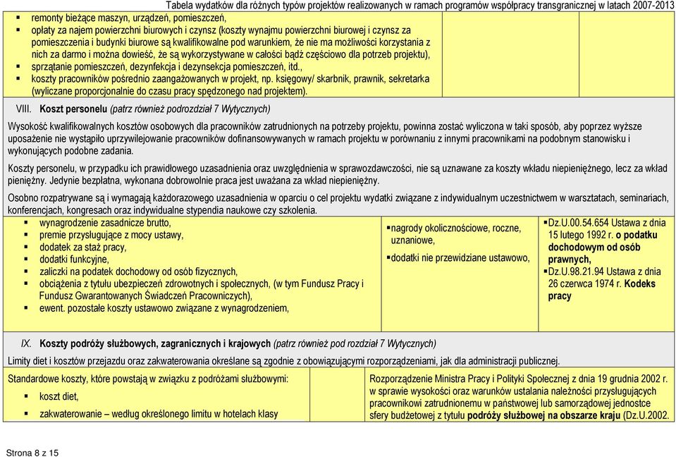 pomieszczeń, itd., koszty pracowników pośrednio zaangaŝowanych w projekt, np. księgowy/ skarbnik, prawnik, sekretarka (wyliczane proporcjonalnie do czasu pracy spędzonego nad projektem). VIII.