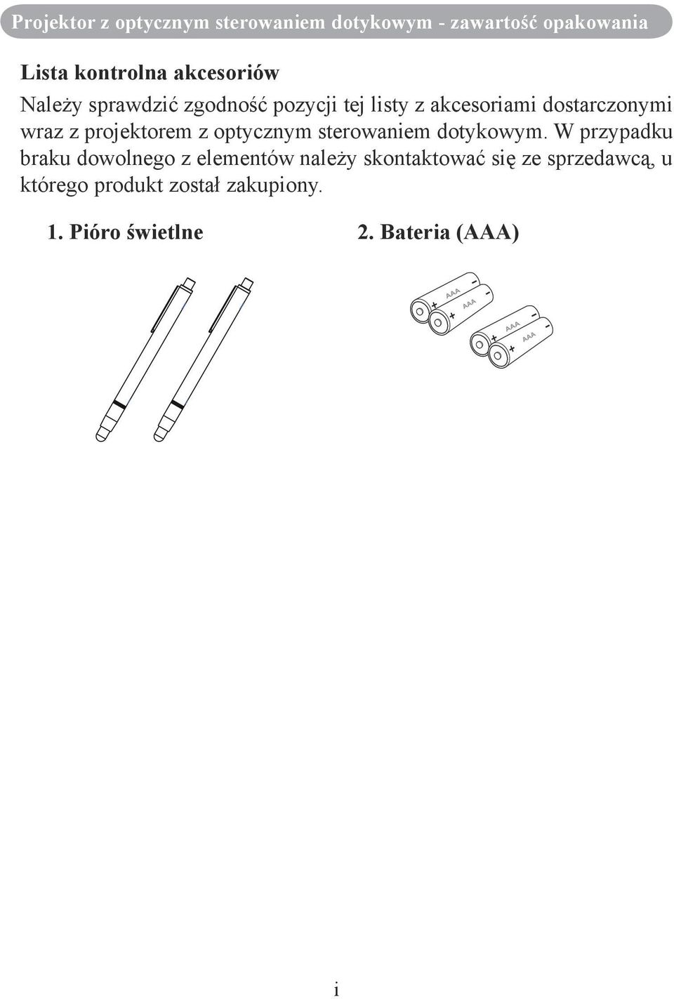 akcesoriami dostarczonymi wraz z projektorem z optycznym sterowaniem dotykowym.
