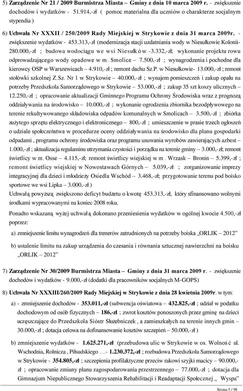 313,-zł (modernizacja stacji uzdatniania wody w Niesułkowie Kolonii- 280.000,-zł ; budowa wodociągu we wsi Niesułków -3.332,-zł; wykonanie projektu rowu odprowadzającego wody opadowe w m. Smolice 7.