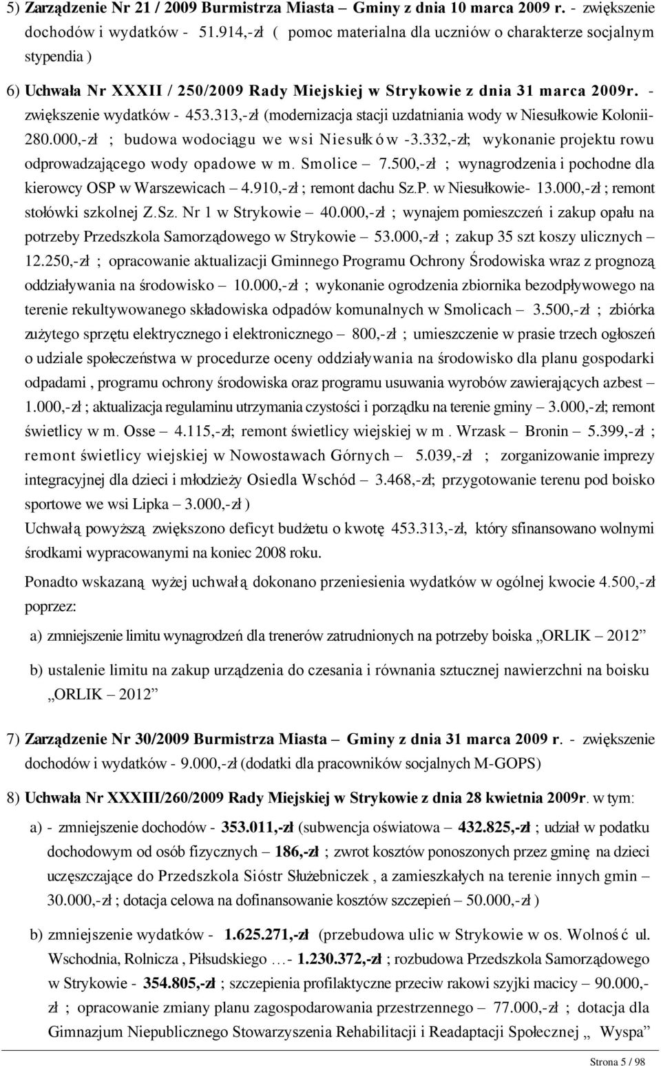 313,-zł (modernizacja stacji uzdatniania wody w Niesułkowie Kolonii- 280.000,-zł ; budowa wodociągu we wsi Niesułków -3.332,-zł; wykonanie projektu rowu odprowadzającego wody opadowe w m. Smolice 7.