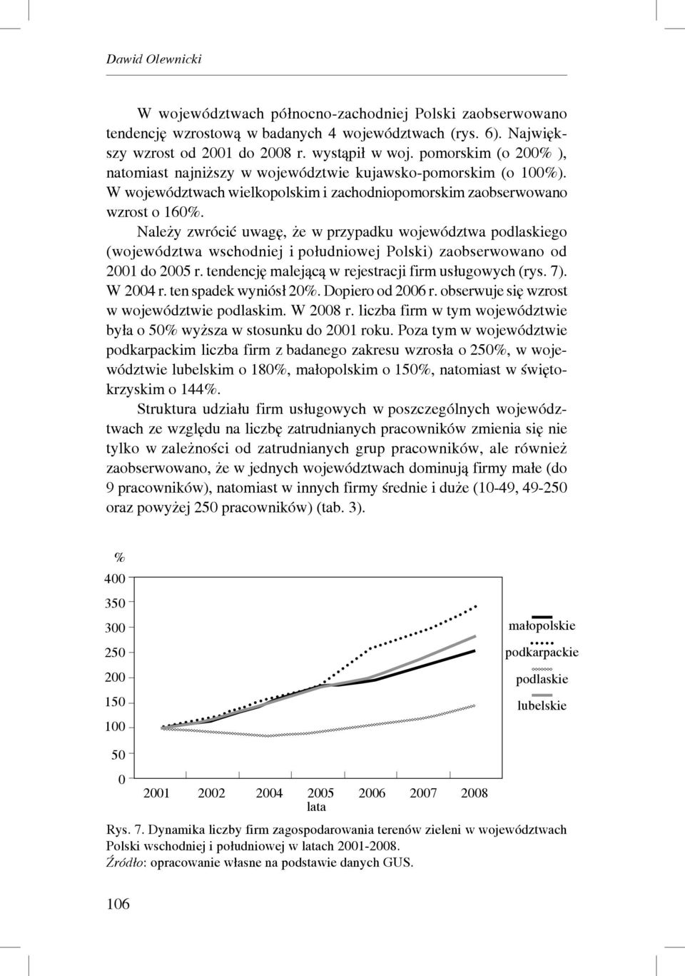 Należy zwrócić uwagę, że w przypadku województwa podlaskiego (województwa wschodniej i południowej Polski) zaobserwowano od 2001 do 2005 r. tendencję malejącą w rejestracji firm usługowych (rys. 7).