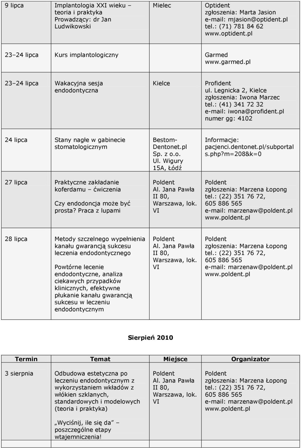 pl numer gg: 4102 24 lipca Stany nagłe w gabinecie stomatologicznym 27 lipca Praktyczne zakładanie koferdamu ćwiczenia Czy endodoncja może być prosta? Praca z lupami Bestom- Dentonet.pl Sp. z o.o. Ul.
