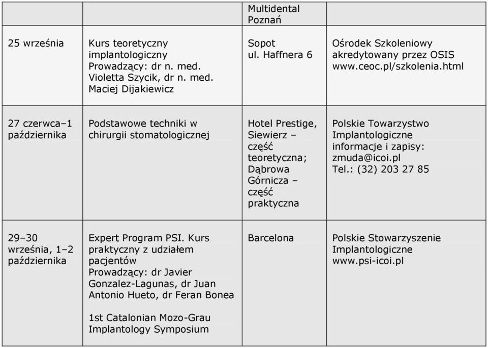 html 27 czerwca 1 października Podstawowe techniki w chirurgii stomatologicznej Hotel Prestige, Siewierz teoretyczna; Dąbrowa Górnicza praktyczna Polskie Towarzystwo
