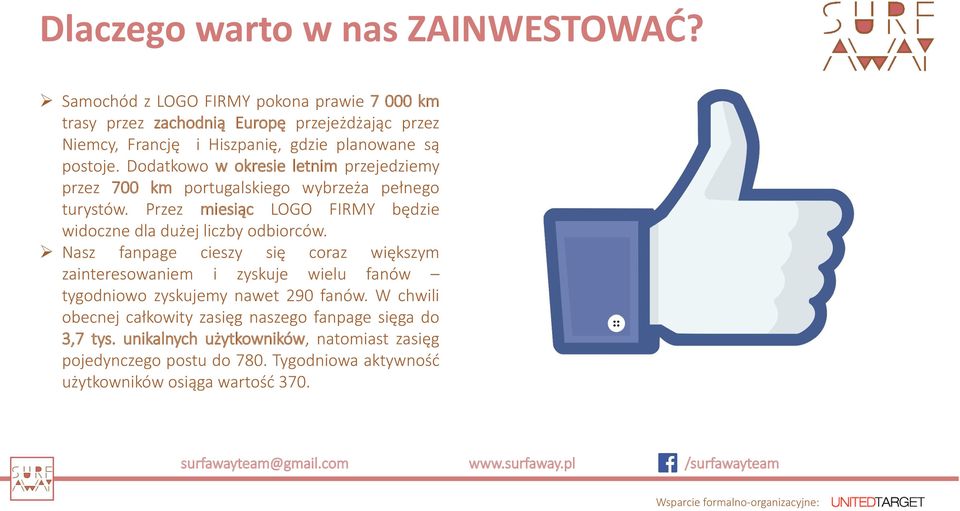 Dodatkowo w okresie letnim przejedziemy przez 700 km portugalskiego wybrzeża pełnego turystów. Przez miesiąc LOGO FIRMY będzie widoczne dla dużej liczby odbiorców.