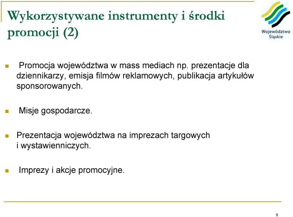 prezentacje dla dziennikarzy, emisja filmów reklamowych, publikacja