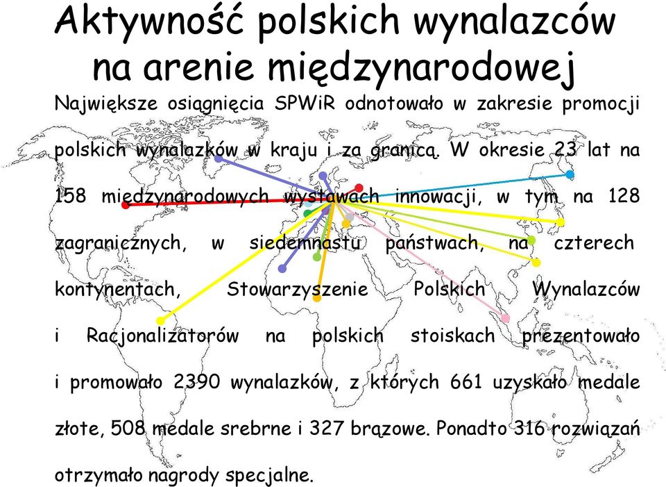 W okresie 23 lat na 158 międzynarodowych wystawach innowacji, w tym na 128 zagranicznych, w siedemnastu państwach, na czterech