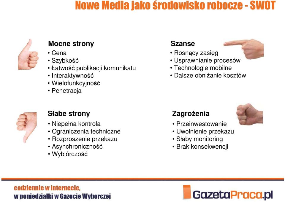 mobilne Dalsze obniŝanie kosztów Słabe strony Niepełna kontrola Ograniczenia techniczne Rozproszenie