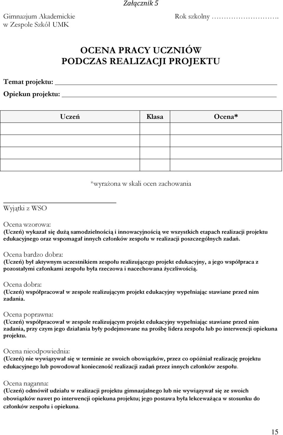 samodzielnością i innowacyjnością we wszystkich etapach realizacji projektu edukacyjnego oraz wspomagał innych członków zespołu w realizacji poszczególnych zadań.