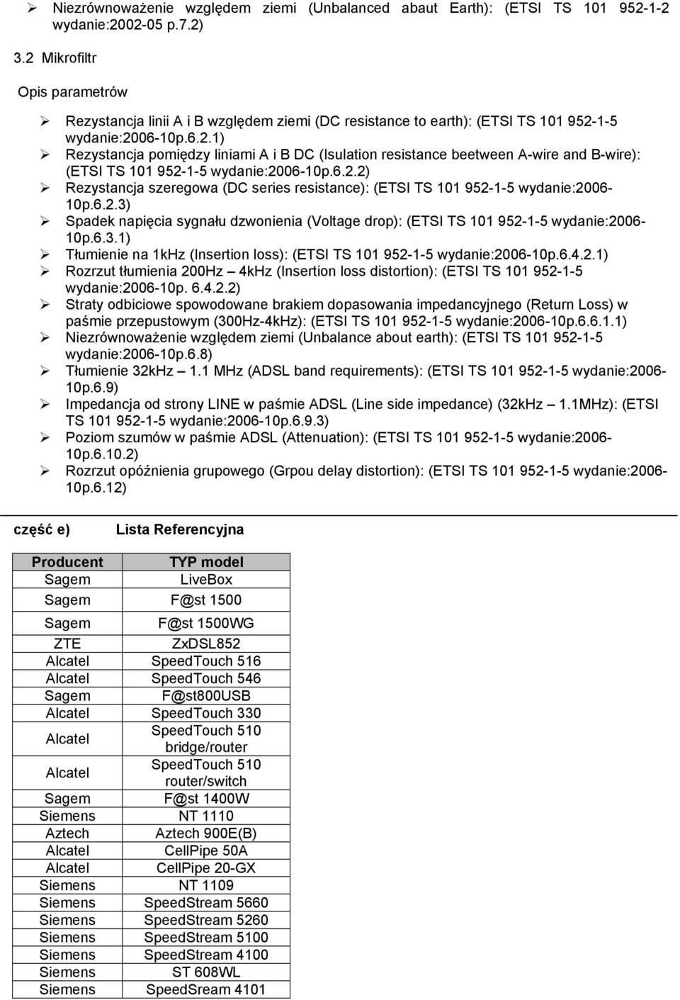 6.2.2) Rezystancja szeregowa (DC series resistance): (ETSI TS 101 952-1-5 wydanie:2006-10p.6.2.3) Spadek napięcia sygnału dzwonienia (Voltage drop): (ETSI TS 101 952-1-5 wydanie:2006-10p.6.3.1) Tłumienie na 1kHz (Insertion loss): (ETSI TS 101 952-1-5 wydanie:2006-10p.