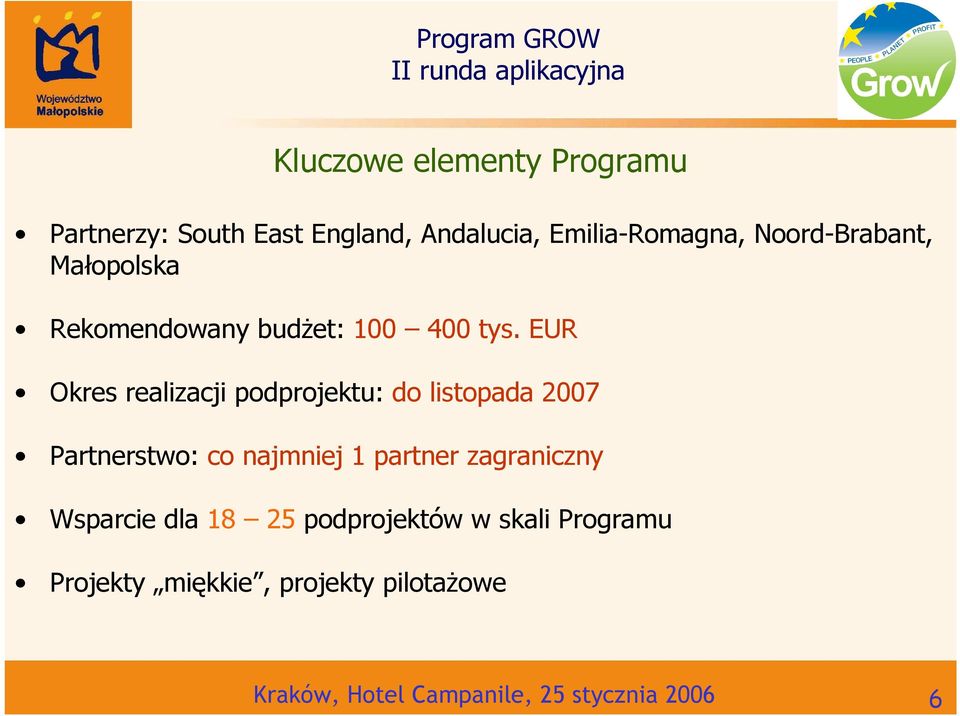 EUR Okres realizacji podprojektu: do listopada 2007 Partnerstwo: co najmniej 1 partner