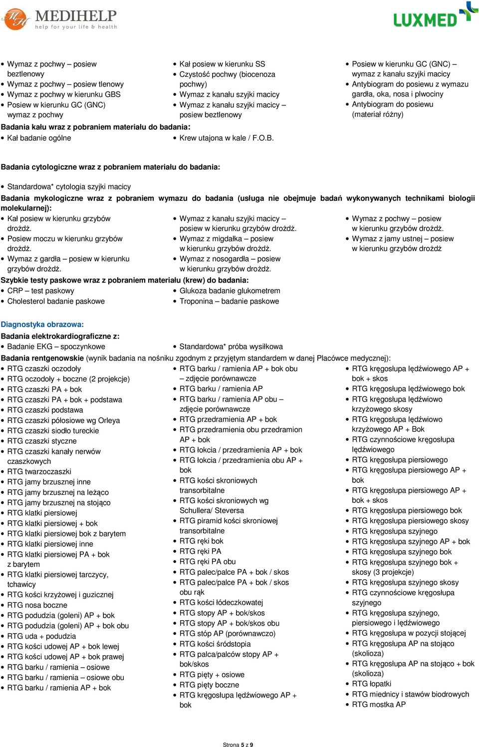 Posiew w kierunku GC (GNC) wymaz z kanału szyjki macicy Antybiogram do posiewu z wymazu gardła, oka, nosa i plwociny Antybiogram do posiewu (materiał różny) Badania cytologiczne wraz z pobraniem