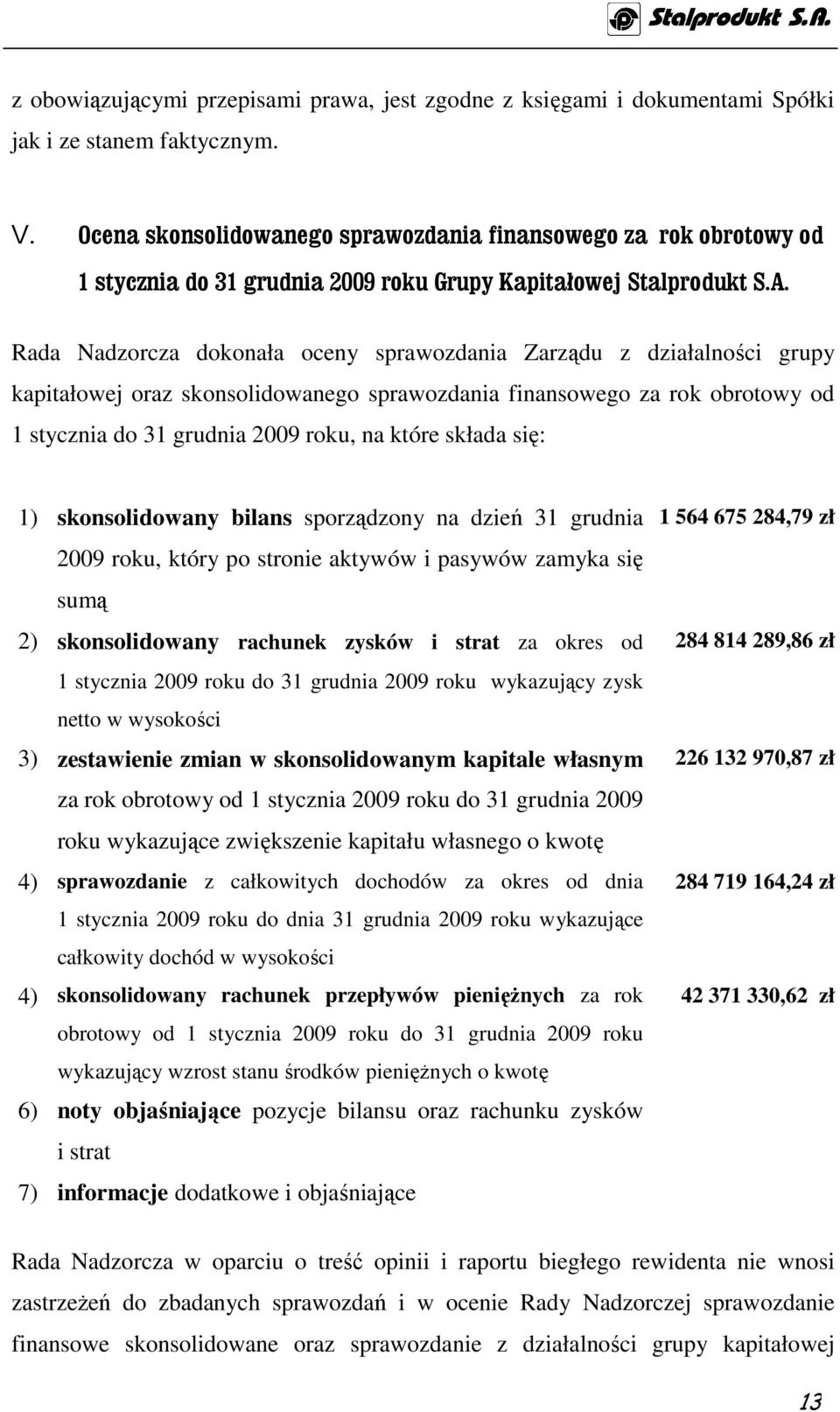 Rada Nadzorcza dokonała oceny sprawozdania Zarządu z działalności grupy kapitałowej oraz skonsolidowanego sprawozdania finansowego za rok obrotowy od 1 stycznia do 31 grudnia 2009 roku, na które