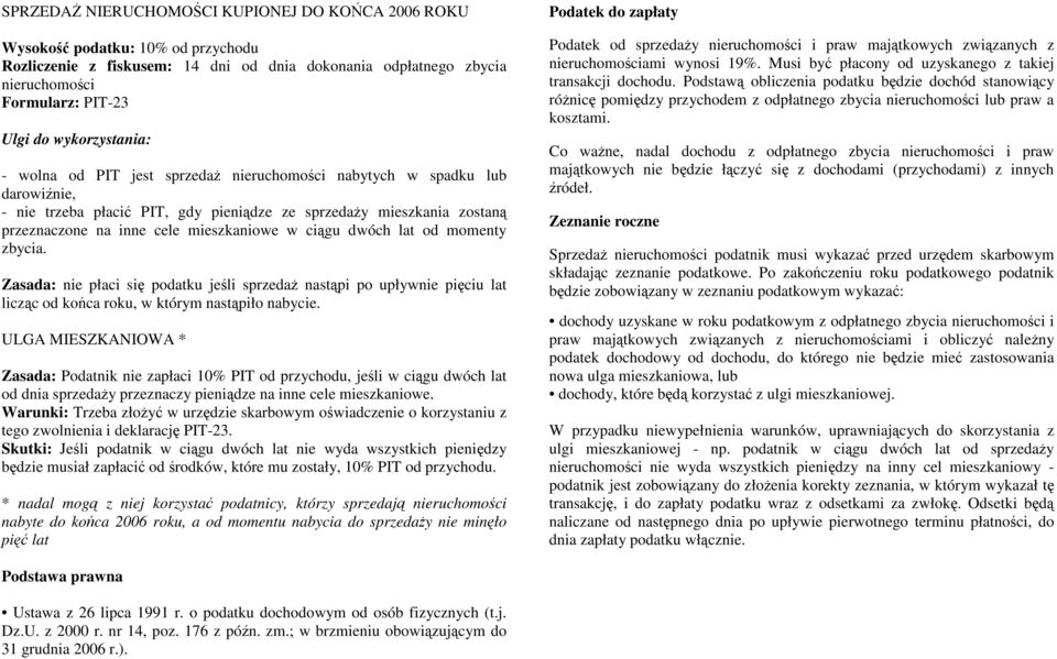 mieszkaniowe w ciągu dwóch lat od momenty zbycia. Zasada: nie płaci się podatku jeśli sprzedaŝ nastąpi po upływnie pięciu lat licząc od końca roku, w którym nastąpiło nabycie.