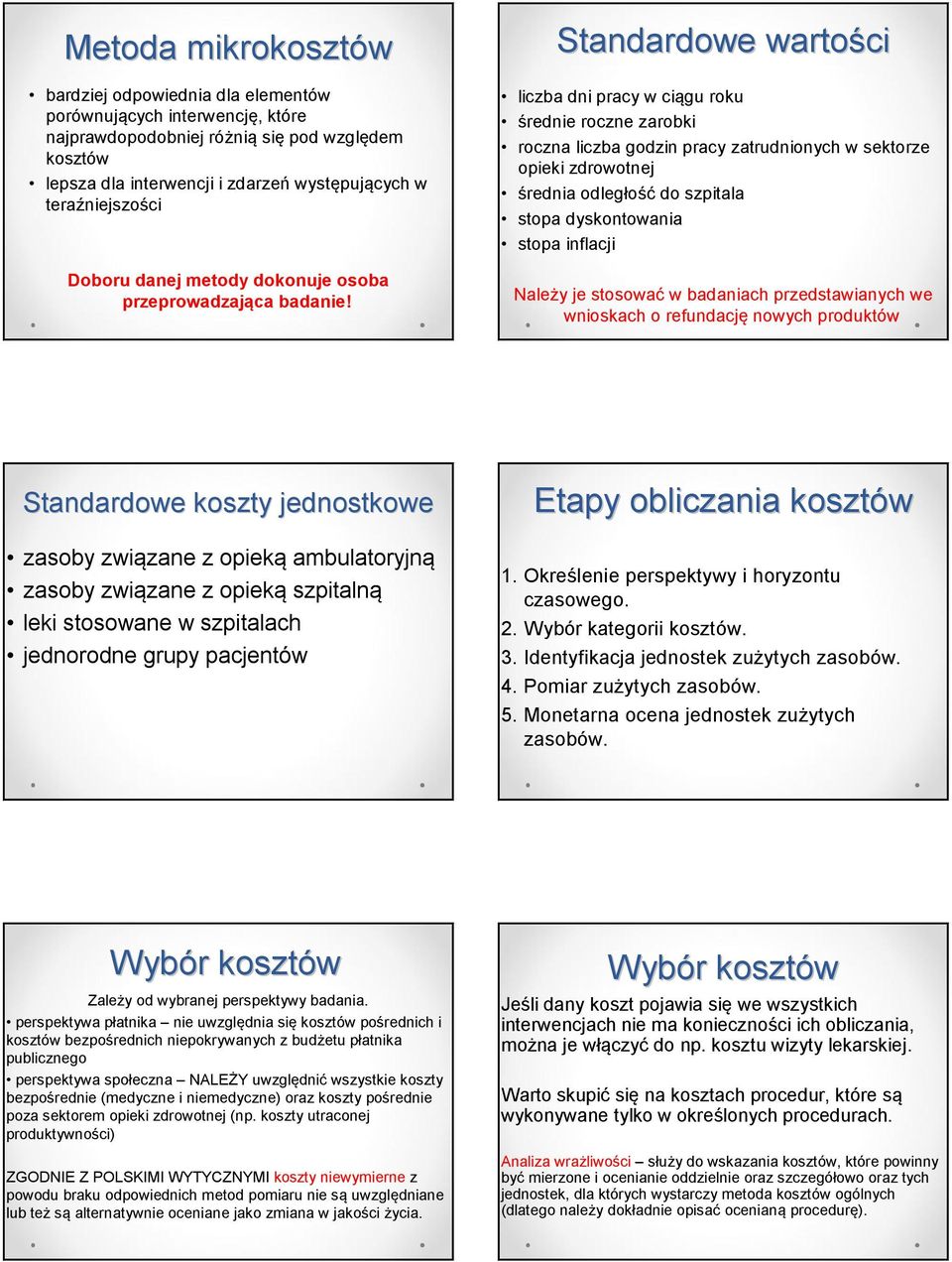 Standardowe wartości liczba dni pracy w ciągu roku średnie roczne zarobki roczna liczba godzin pracy zatrudnionych w sektorze opieki zdrowotnej średnia odległość do szpitala stopa dyskontowania stopa