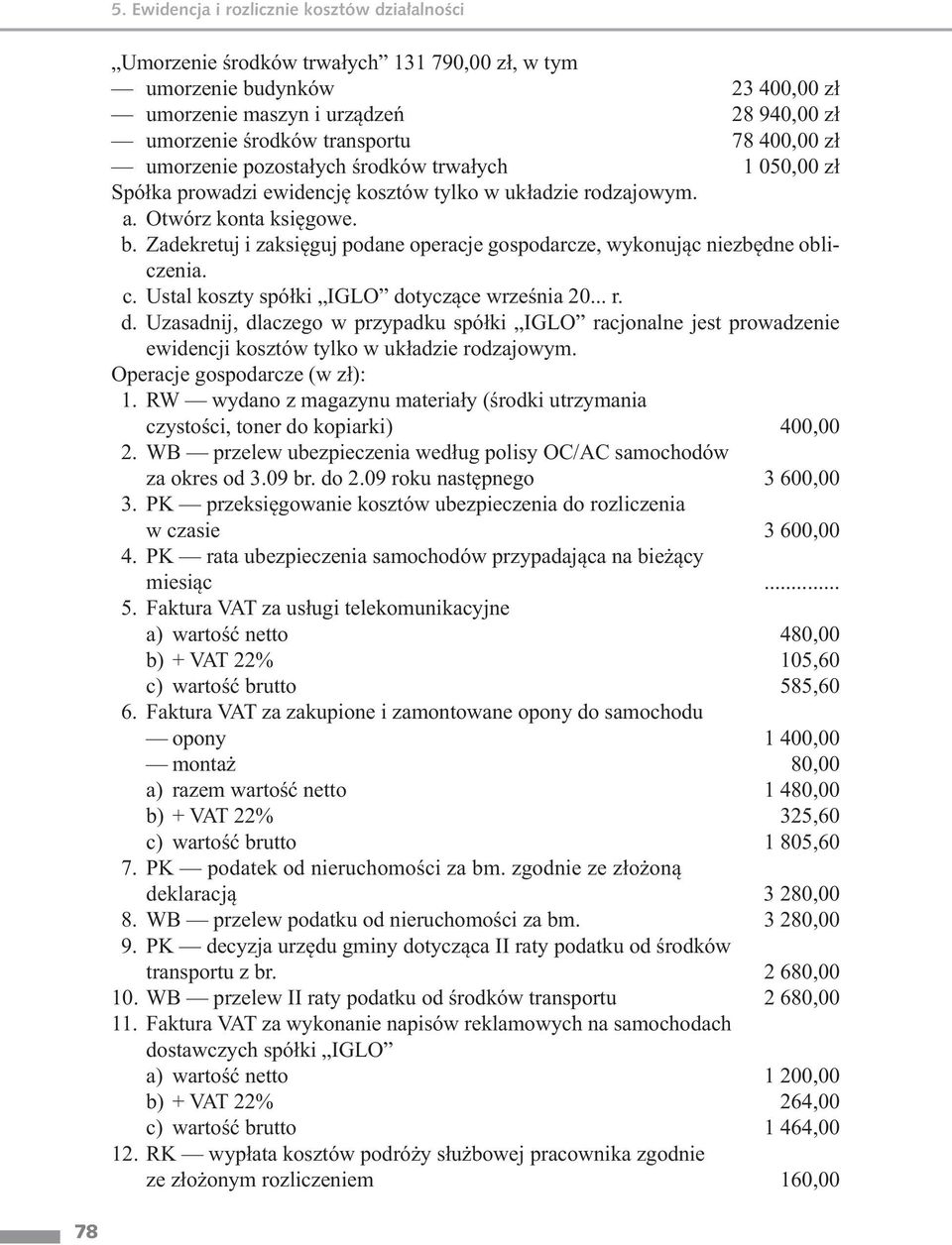 Zadekretuj i zaksięguj podane operacje gospodarcze, wykonując niezbędne obliczenia. c. Ustal koszty spółki IGLO do