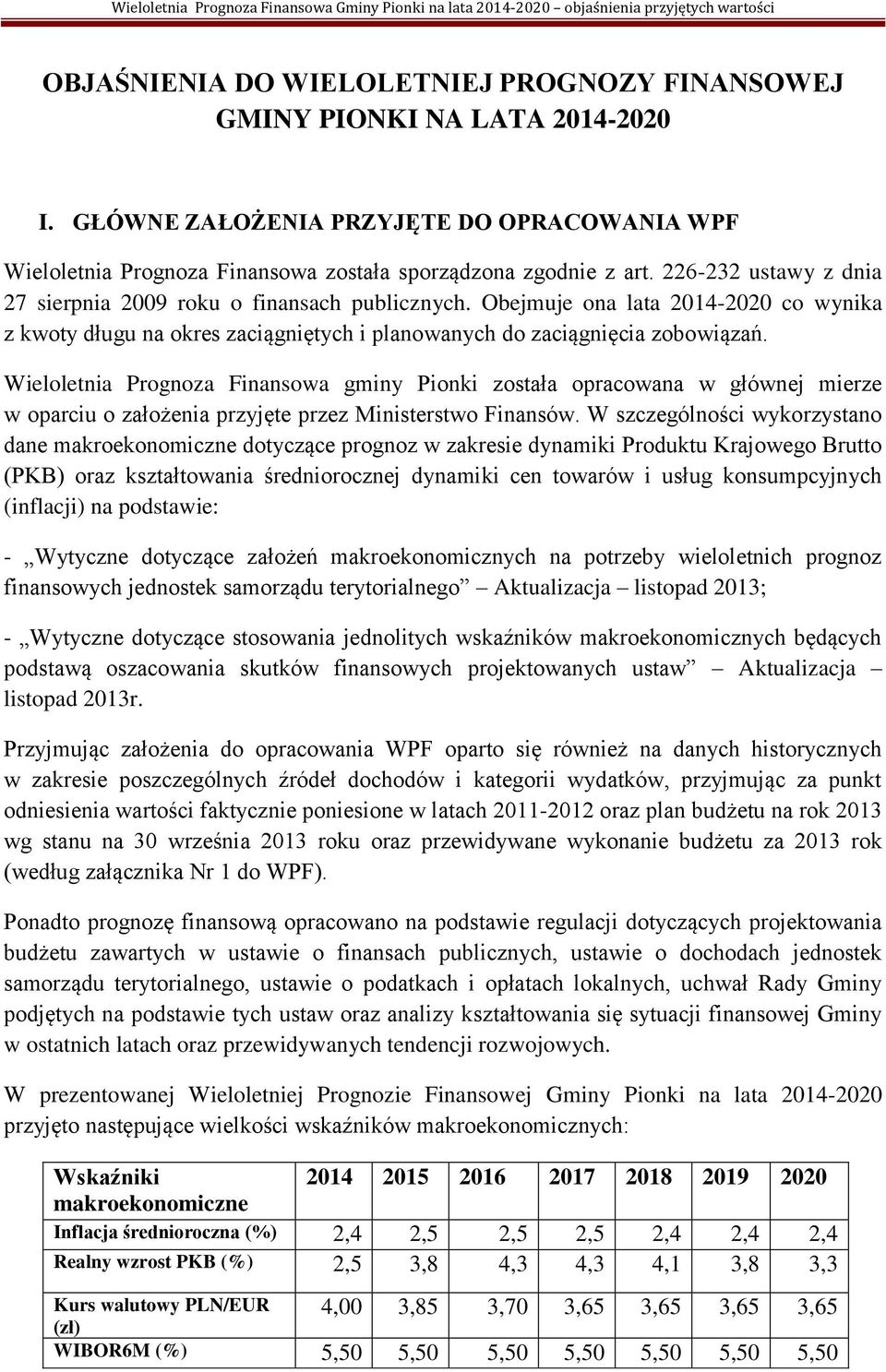 Wieloletnia Prognoza Finansowa gminy Pionki została opracowana w głównej mierze w oparciu o założenia przyjęte przez Ministerstwo Finansów.