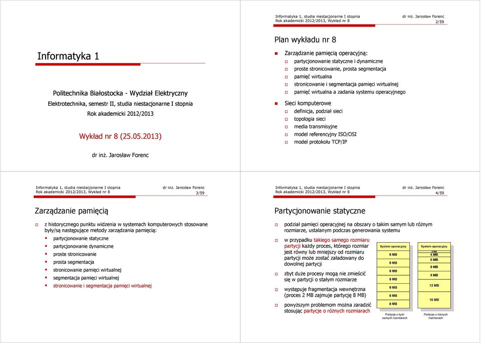 Jarosław Forenc Zarządzanie pamięcią operacyjną: partycjonowanie statyczne i dynamiczne proste stronicowanie, prosta segmentacja pamięć wirtualna stronicowanie i segmentacja pamięci wirtualnej pamięć