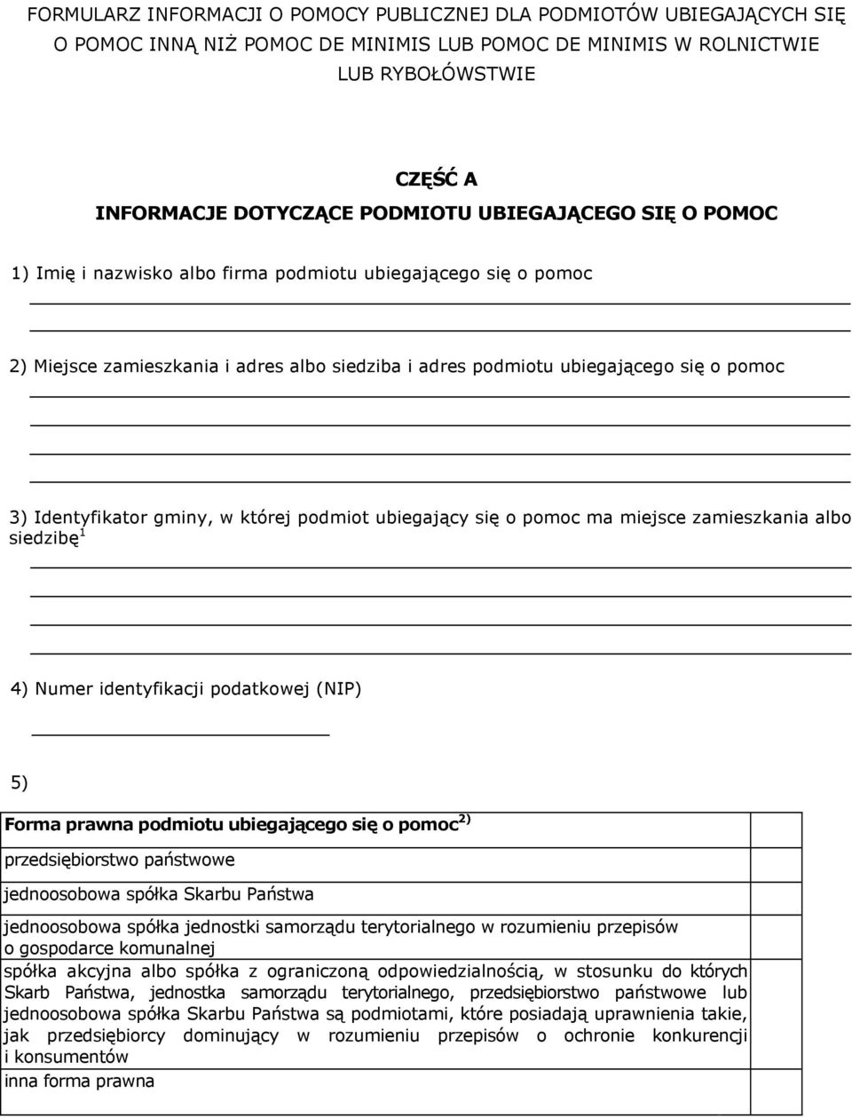 gminy, w której podmiot ubiegający się o pomoc ma miejsce zamieszkania albo siedzibę 1 4) Numer identyfikacji podatkowej (NIP) 5) Forma prawna podmiotu ubiegającego się o pomoc 2) przedsiębiorstwo