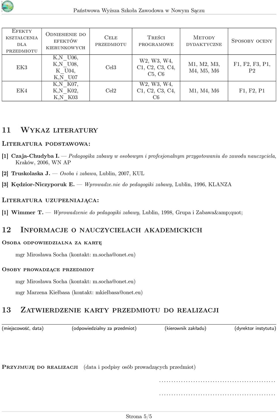 Pedagogika zabawy w osobowym i profesjonalnym przygotowaniu do zawodu nauczyciela, Kraków, 2006, WN AP [2] Truskolaska J. Osoba i zabawa, Lublin, 2007, KUL [3] Kędzior-Niczyporuk E. Wprowadze.