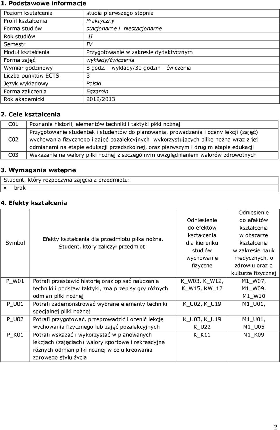 Cele C01 Poznanie historii, elementów techniki i taktyki piłki nożnej Przygotowanie studentek i studentów do planowania, prowadzenia i oceny lekcji (zajęć) fizycznego i zajęć pozalekcyjnych