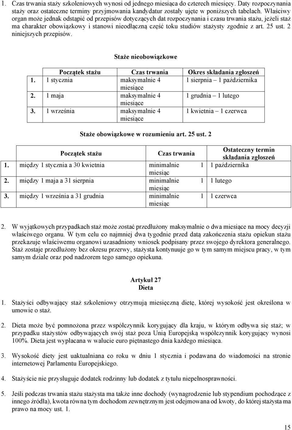 art. 25 ust. 2 niniejszych przepisów. Staże nieobowiązkowe Początek stażu Czas trwania Okres składania zgłoszeń 1. 1 stycznia maksymalnie 4 1 sierpnia 1 października miesiące 2.