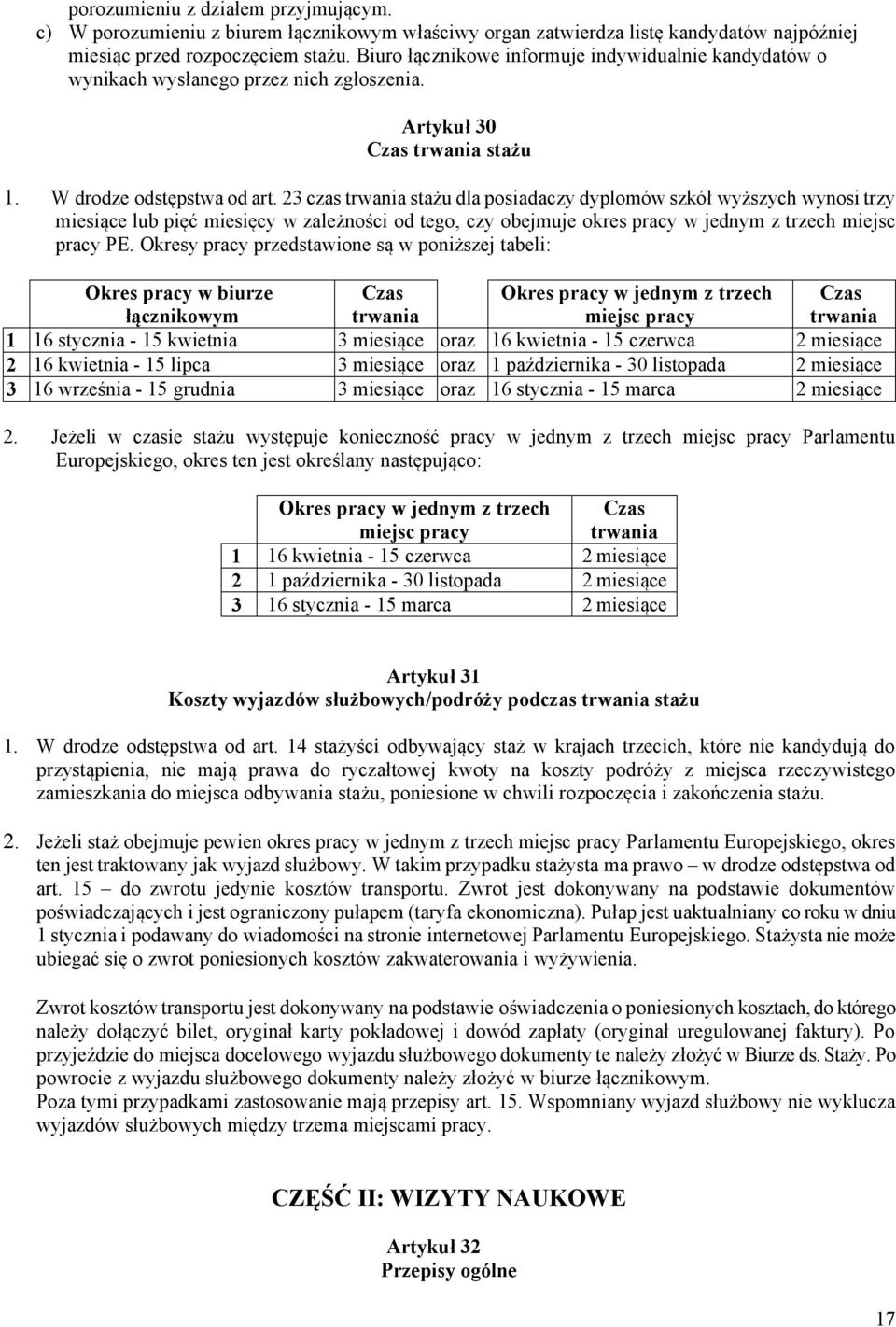23 czas trwania stażu dla posiadaczy dyplomów szkół wyższych wynosi trzy miesiące lub pięć miesięcy w zależności od tego, czy obejmuje okres pracy w jednym z trzech miejsc pracy PE.