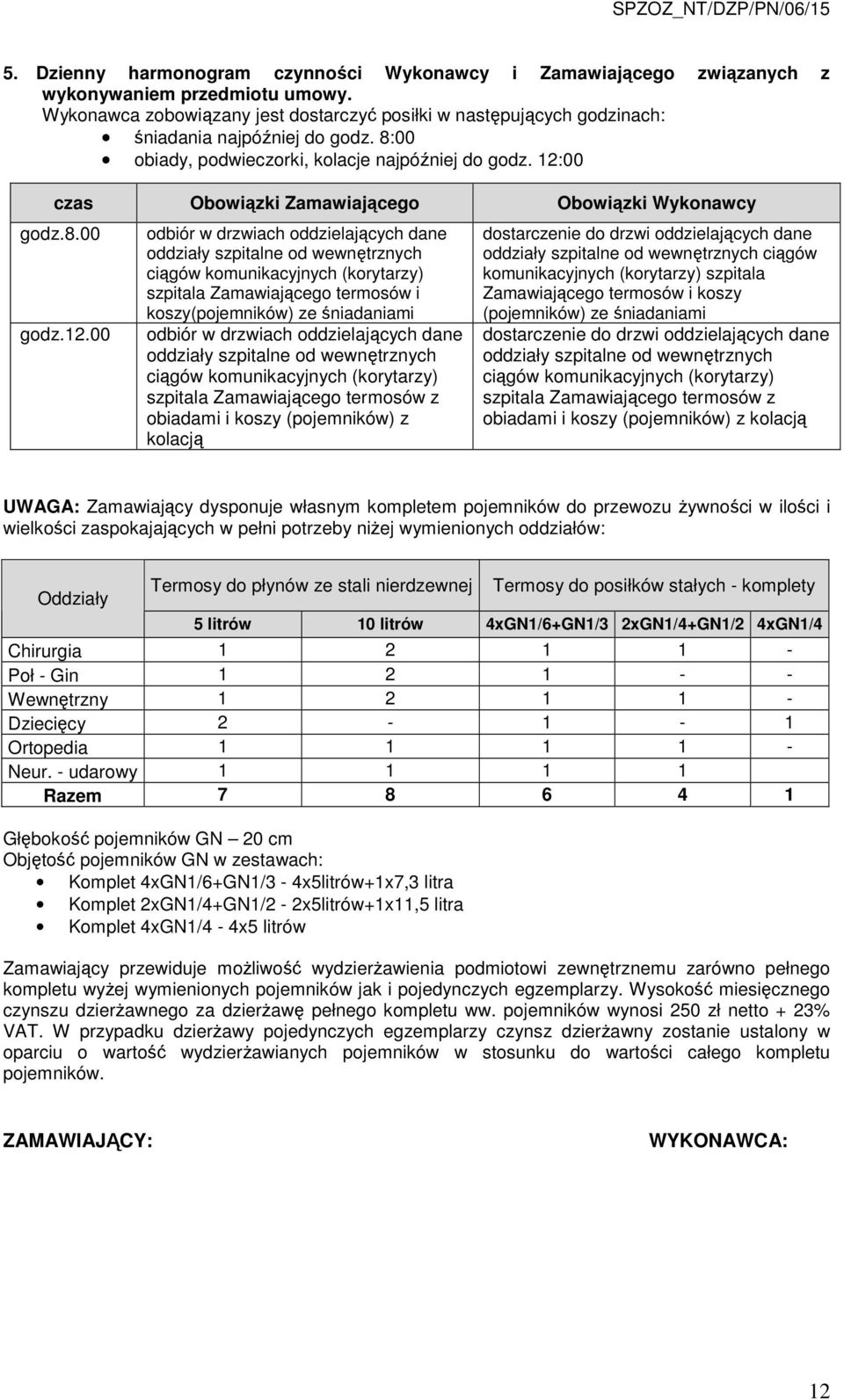 12:00 czas Obowiązki Zamawiającego Obowiązki Wykonawcy godz.8.00 godz.12.00 odbiór w drzwiach oddzielających dane oddziały szpitalne od wewnętrznych ciągów komunikacyjnych (korytarzy) szpitala