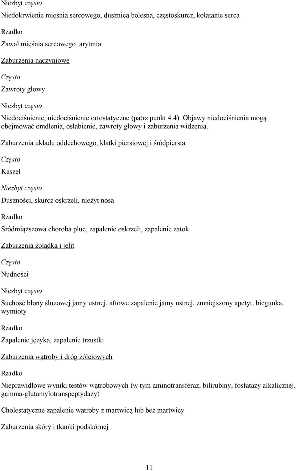 Zaburzenia układu oddechowego, klatki piersiowej i śródpiersia Często Kaszel Niezbyt często Duszności, skurcz oskrzeli, nieżyt nosa Rzadko Śródmiąższowa choroba płuc, zapalenie oskrzeli, zapalenie