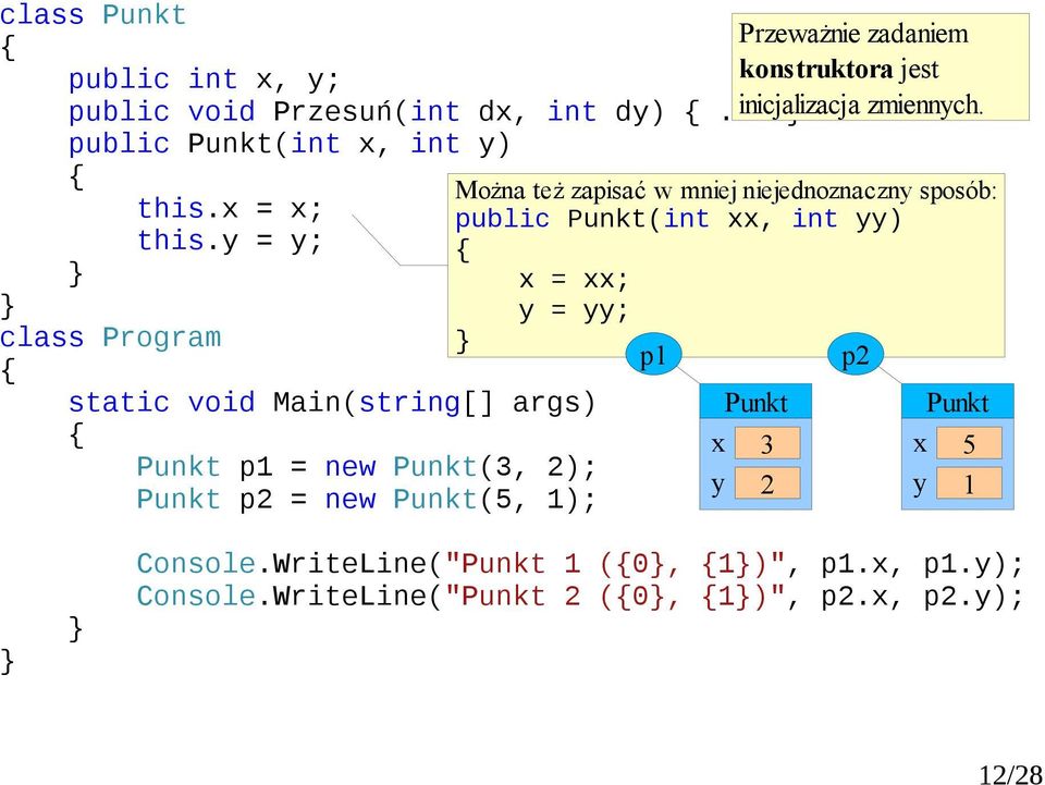 = ; p1 = new (3, 2); p2 = new (5, 1); Przeważnie zadaniem konstruktora jest Można też
