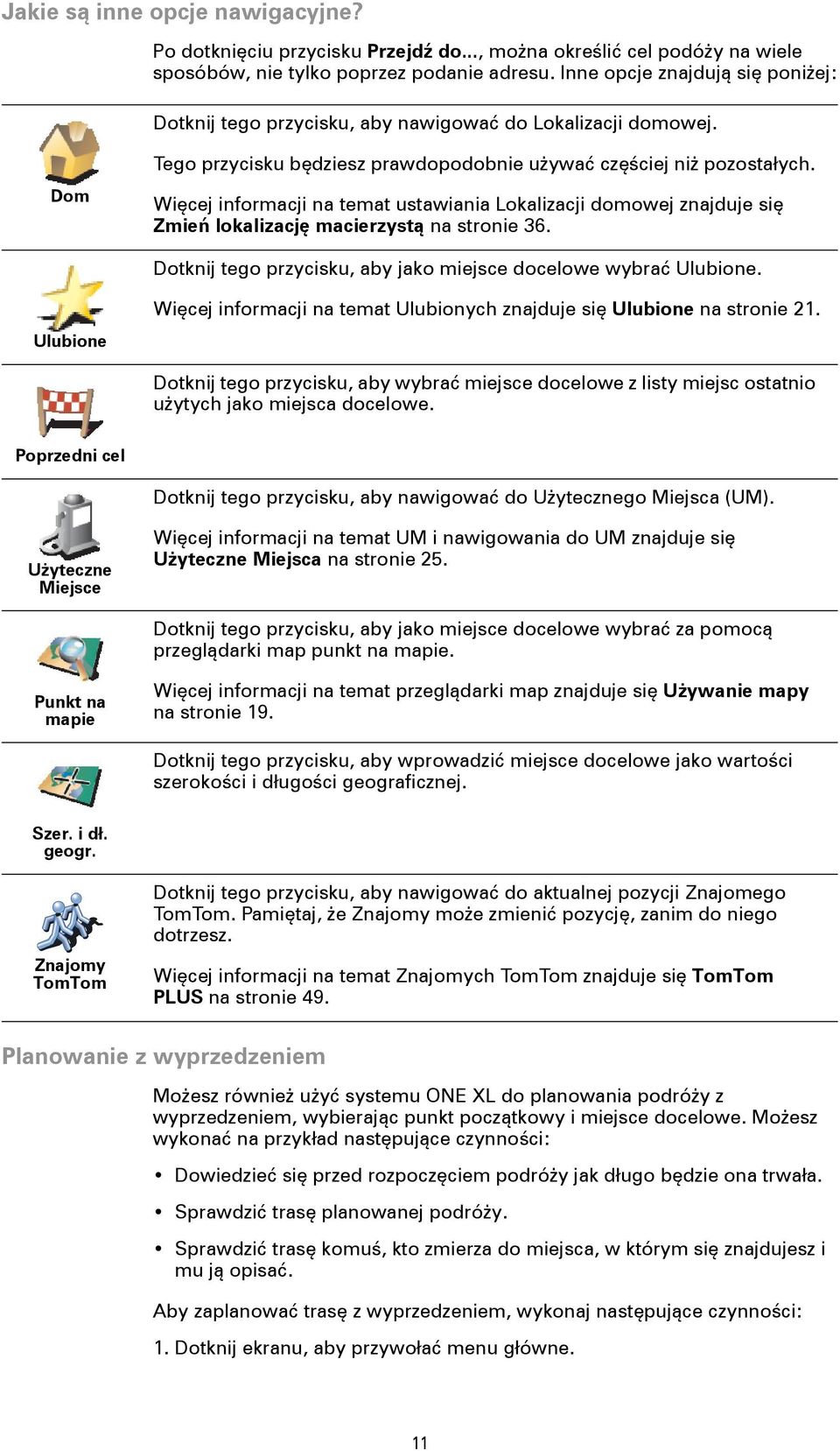 Więcej informacji na temat ustawiania Lokalizacji domowej znajduje się Zmień lokalizację macierzystą na stronie 36. Dotknij tego przycisku, aby jako miejsce docelowe wybrać Ulubione.