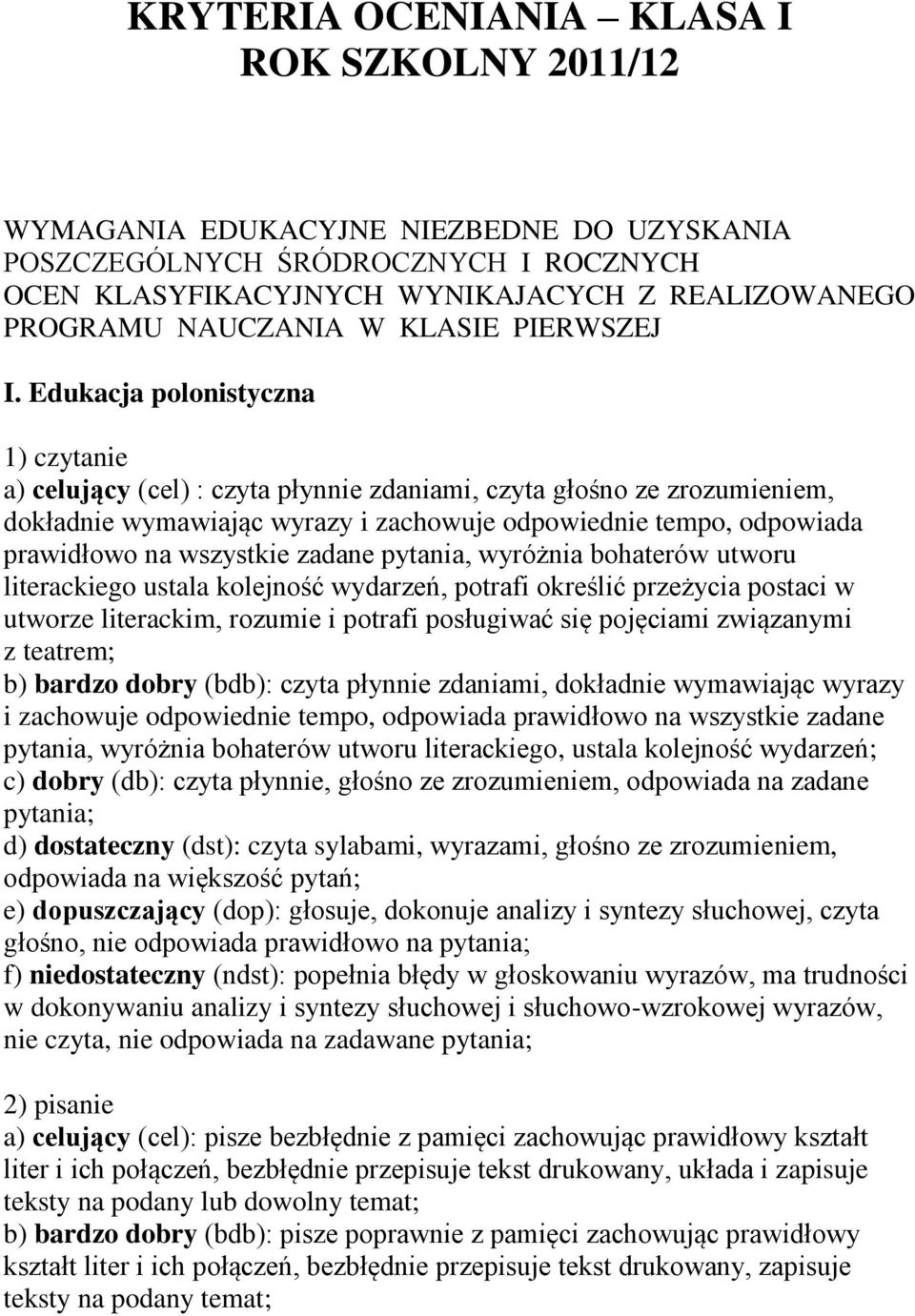 Edukacja polonistyczna 1) czytanie a) celujący (cel) : czyta płynnie zdaniami, czyta głośno ze zrozumieniem, dokładnie wymawiając wyrazy i zachowuje odpowiednie tempo, odpowiada prawidłowo na