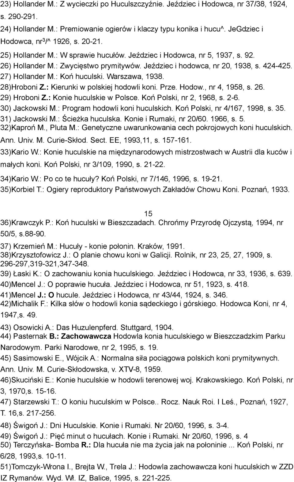 424-425. 27) Hollander M.: Koń huculski. Warszawa, 1938. 28)Hroboni Z.: Kierunki w polskiej hodowli koni. Prze. Hodow., nr 4, 1958, s. 26. 29) Hroboni Z.: Konie huculskie w Polsce.