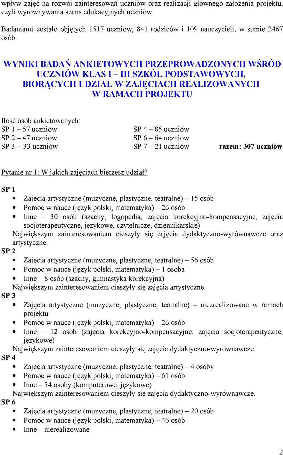 WYNIKI BADAŃ ANKIETOWYCH PRZEPROWADZONYCH WŚRÓD UCZNIÓW KLAS I III SZKÓŁ PODSTAWOWYCH, BIORĄCYCH UDZIAŁ W ZAJĘCIACH REALIZOWANYCH W RAMACH PROJEKTU Ilość osób ankietowanych: SP 1 57 uczniów SP 4 85