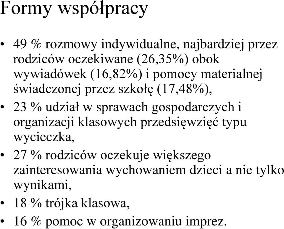 gospodarczych i organizacji klasowych przedsięwzięć typu wycieczka, 27 % rodziców oczekuje większego