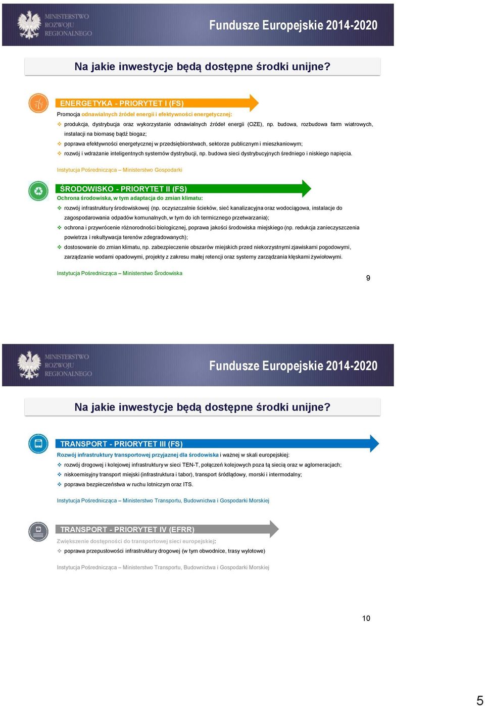 budowa, rozbudowa farm wiatrowych, instalacji na biomasę bądź biogaz; poprawa efektywności energetycznej w przedsiębiorstwach, sektorze publicznym i mieszkaniowym; rozwój i wdrażanie inteligentnych
