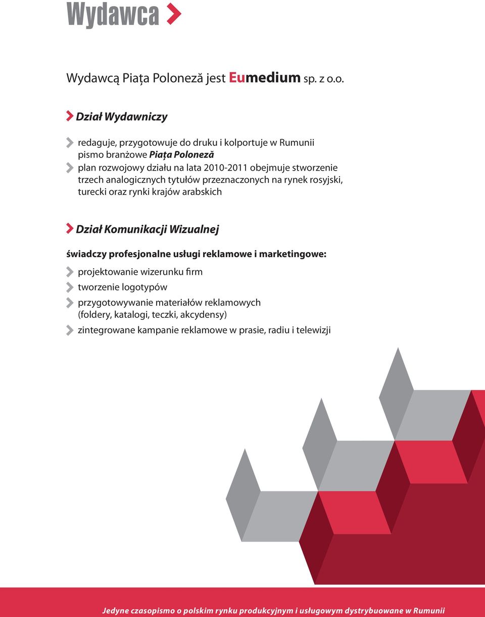 2010-2011 obejmuje stworzenie trzech analogicznych tytułów przeznaczonych na rynek rosyjski, turecki oraz rynki krajów arabskich Dział Komunikacji Wizualnej świadczy