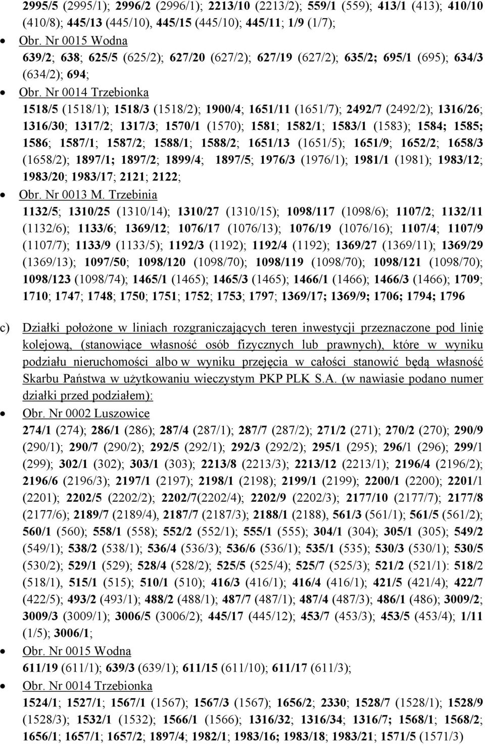 Nr 0014 Trzebionka 1518/5 (1518/1); 1518/3 (1518/2); 1900/4; 1651/11 (1651/7); 2492/7 (2492/2); 1316/26; 1316/30; 1317/2; 1317/3; 1570/1 (1570); 1581; 1582/1; 1583/1 (1583); 1584; 1585; 1586; 1587/1;